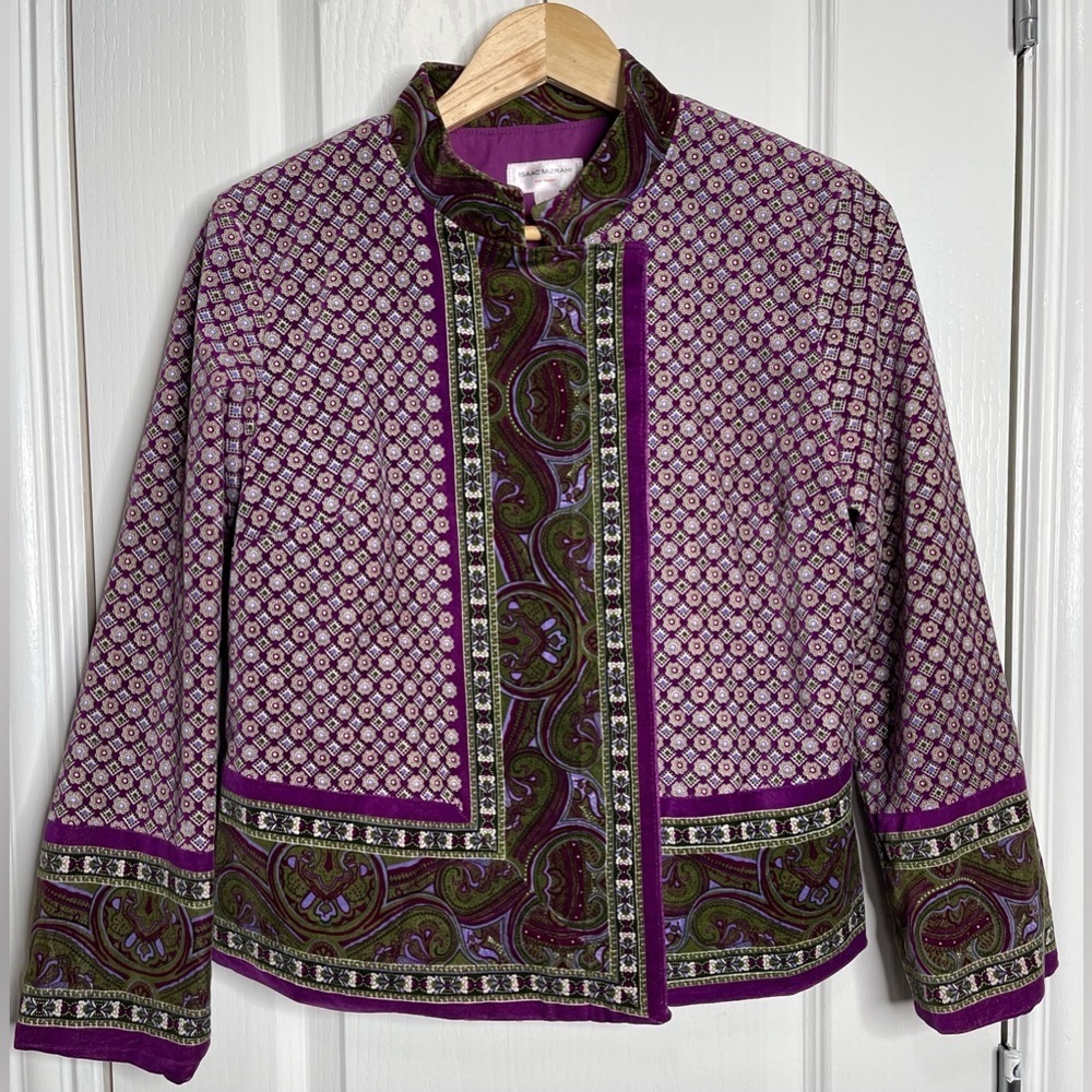 Isaac Mizrahi Artisan Velvet Paisley Jacket in Purple and Olive Size Medium